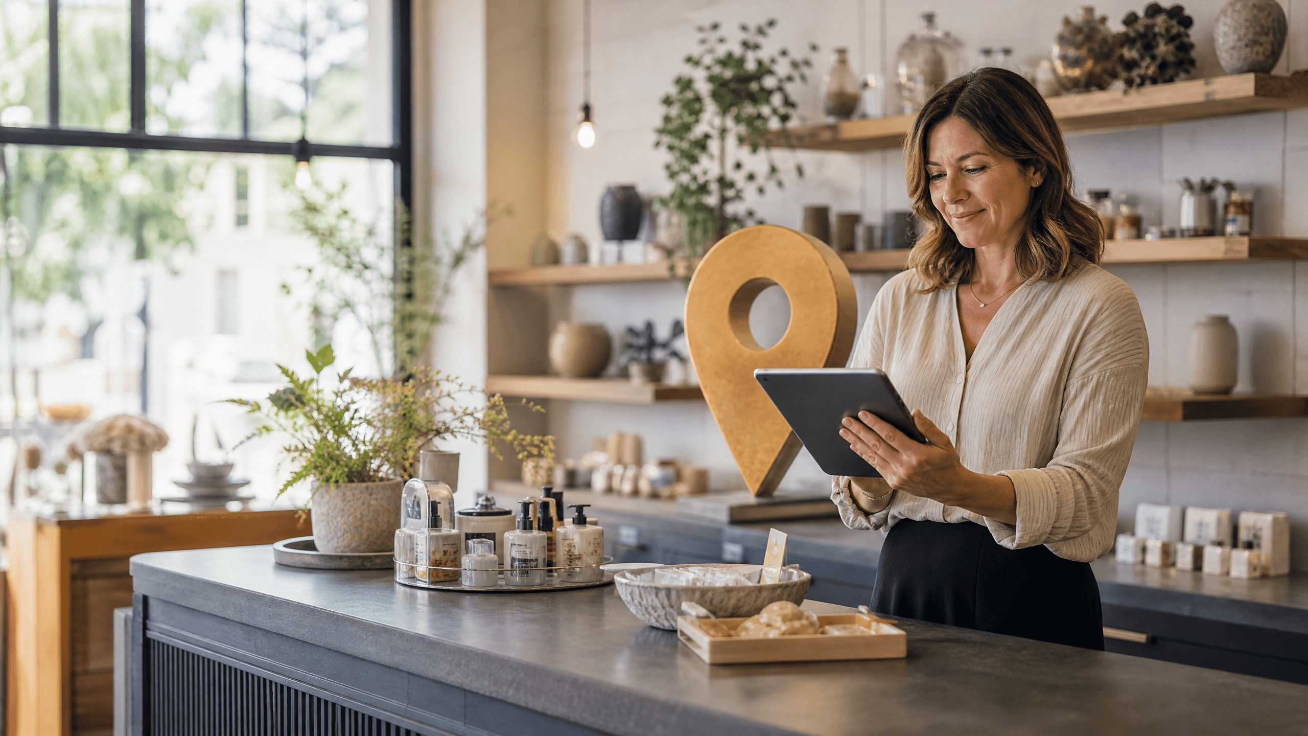 Small-business owner reviewing profile details in an independent shop