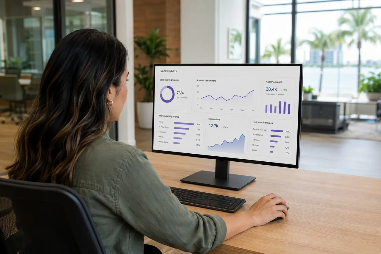 Marketing professional reviewing brand visibility data at a desktop computer
