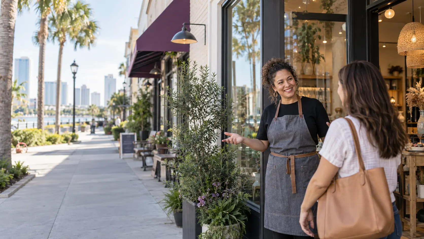 A Tampa business owner welcoming a customer outside her storefront